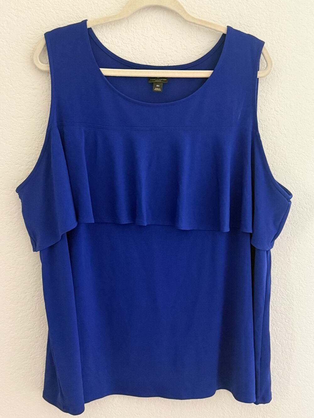 Worthington Woman 3X Blue Sleeveless Blouse Plus Size Ruffle Stretch Top